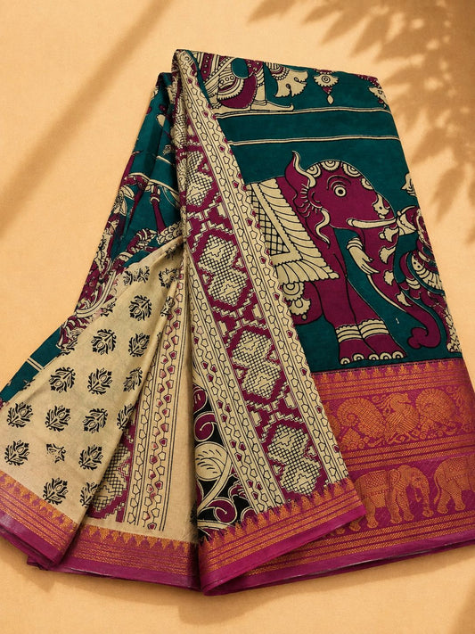 Kalamkari Cotton Pattu Saree – Dark Green, Magenta Gold Elephant Border