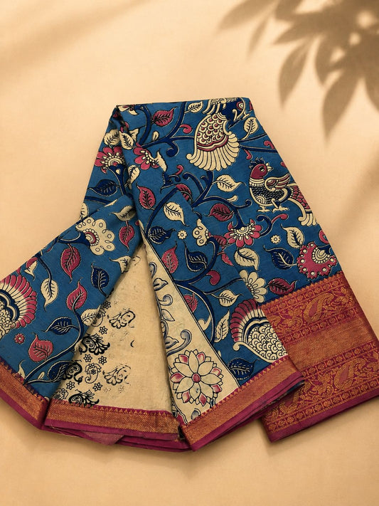 Kalamkari Cotton Pattu Saree – Royal Blue with Magenta Gold Peacock Border