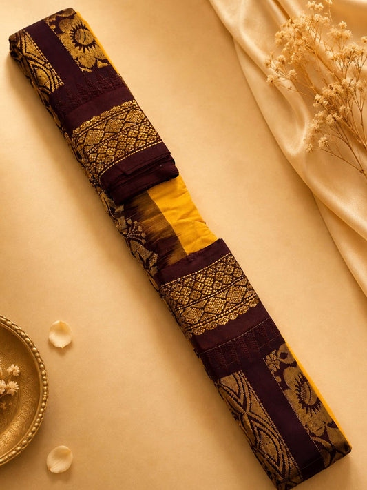 Pure Gadwal Cotton Saree Yellow | Maroon Gold Zari Border Handloom Saree