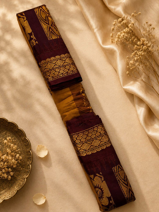 Pure Gadwal Cotton Saree – Mustard with Maroon Gold Zari Border