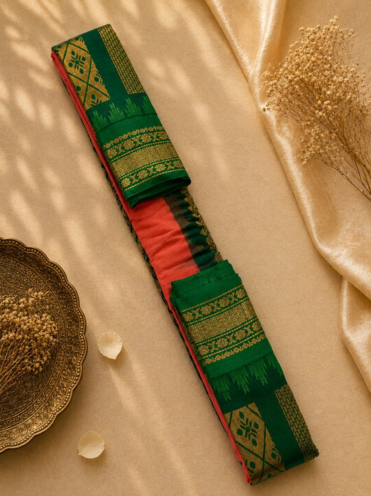 Pure Gadwal Cotton Saree | Coral Pink with Emerald Green & Gold Zari Border