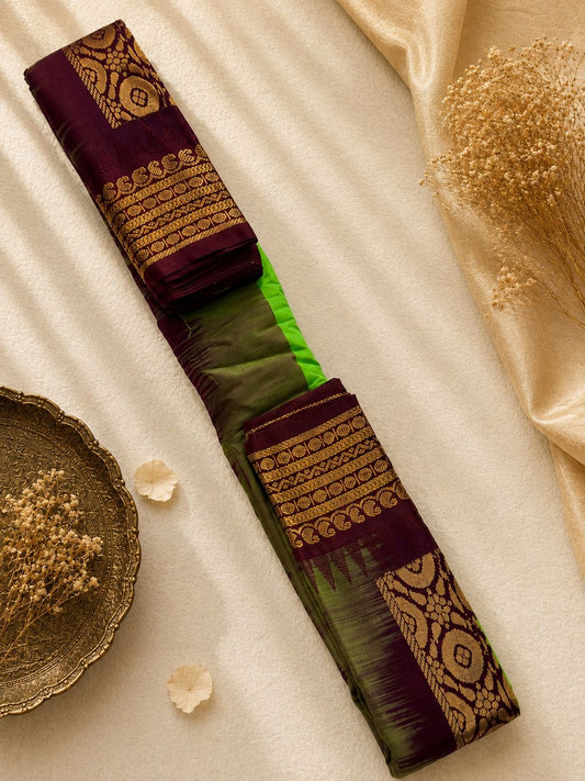 Pure Gadwal Cotton Saree – Vibrant Parrot Green, Rich Maroon Gold