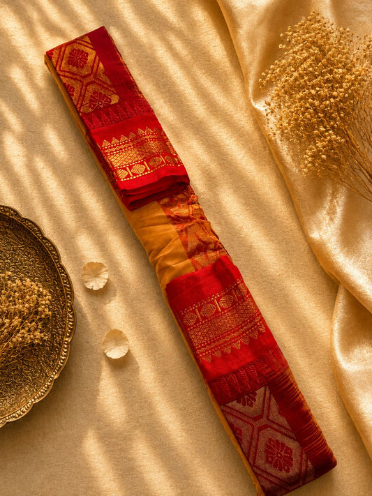 Pure Gadwal Cotton Saree – Orange with Red Gold Zari Border