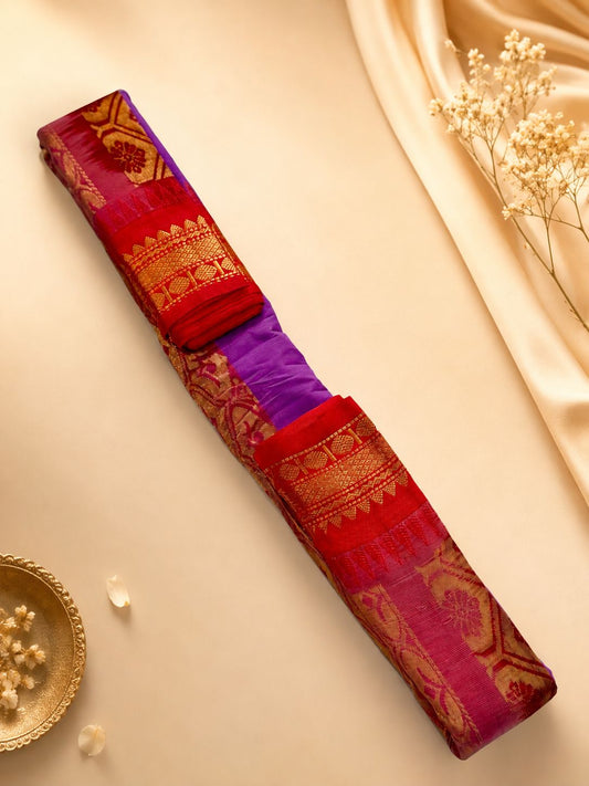 Pure Gadwal Cotton Handloom Saree – Purple with Red Gold Zari Border