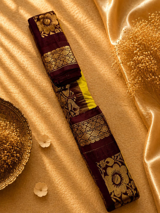 Pure Gadwal Cotton Handloom Saree – Lime Green with Brown Gold Floral Zari Border