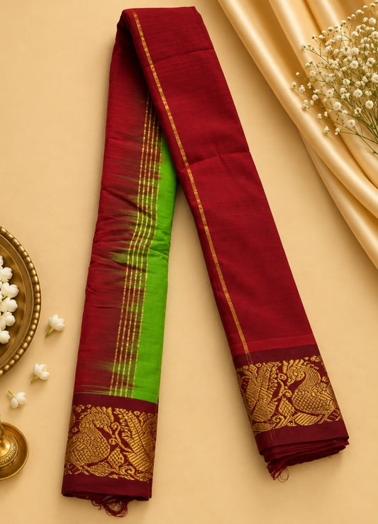 Pure Gadwal Cotton Pattu Saree – Parrot Green, Maroon Gold border