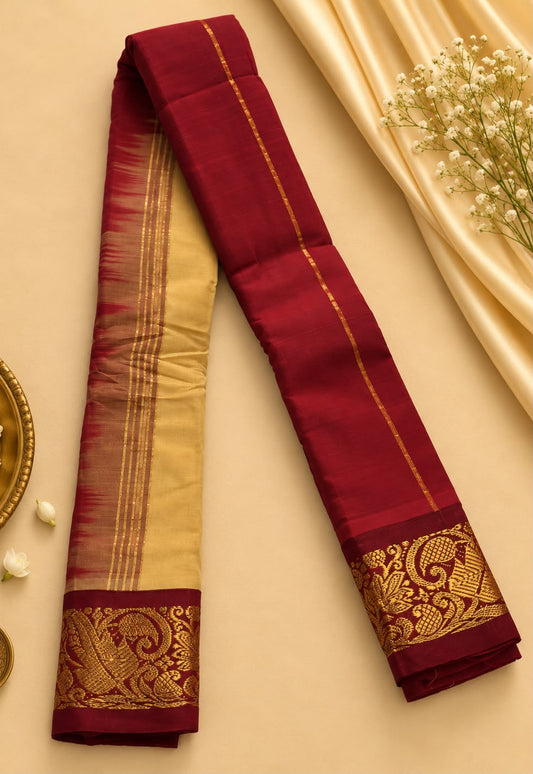 Pure Gadwal Cotton Pattu Saree Crème | Maroon Gold Zari Border