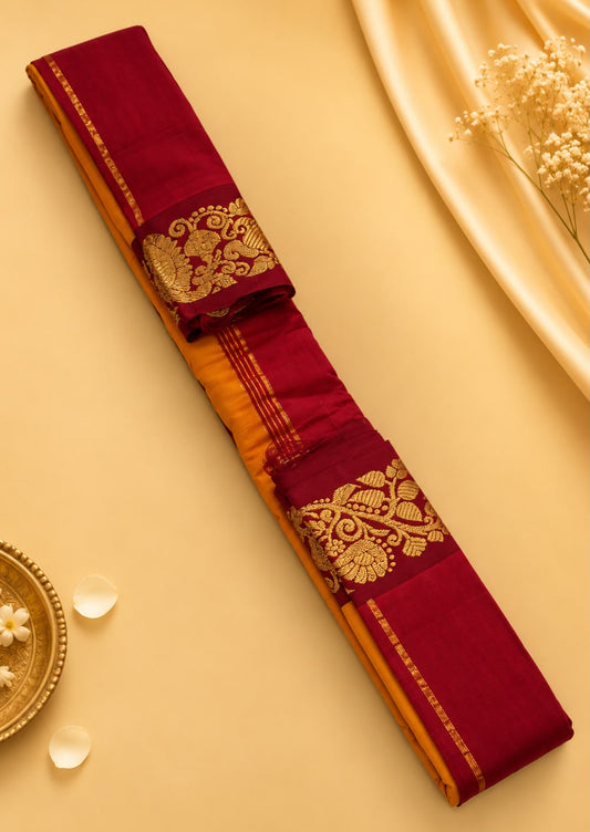 Pure Gadwal Cotton Pattu Saree Mustard Orange | Maroon Gold Zari Border