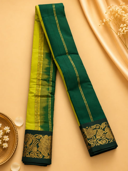 Pure Gadwal Cotton Pattu Saree Lime Green | Deep Green Gold Zari Border