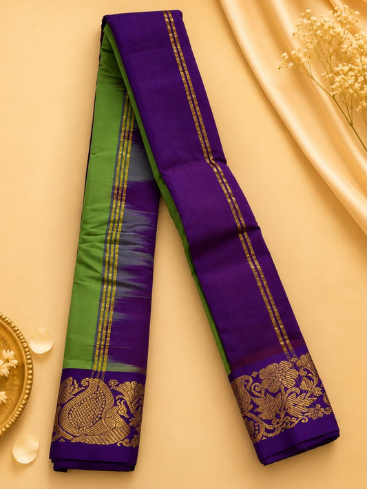 Pure Gadwal Cotton Pattu Saree Green | Royal Blue Gold Zari Border