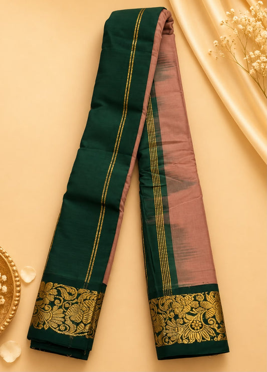 Pure Gadwal Cotton Pattu Saree Baby Pink | Green Gold Zari Border